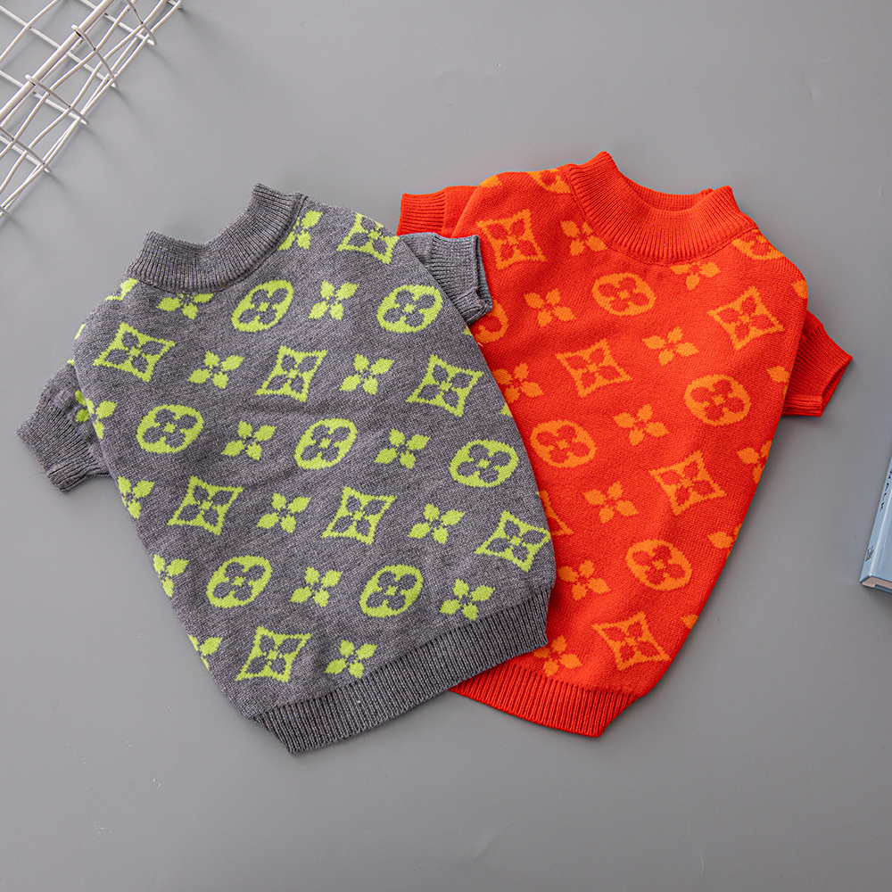 Vivid Patterned VV Knit Pet Sweaters in Gray-Lime and Orange-Orange
