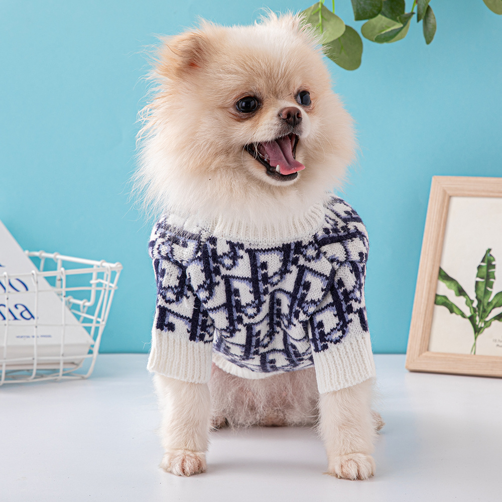 Elegant Monogram Pattern Ddor Pet Sweaters in White-Black and White-Blue