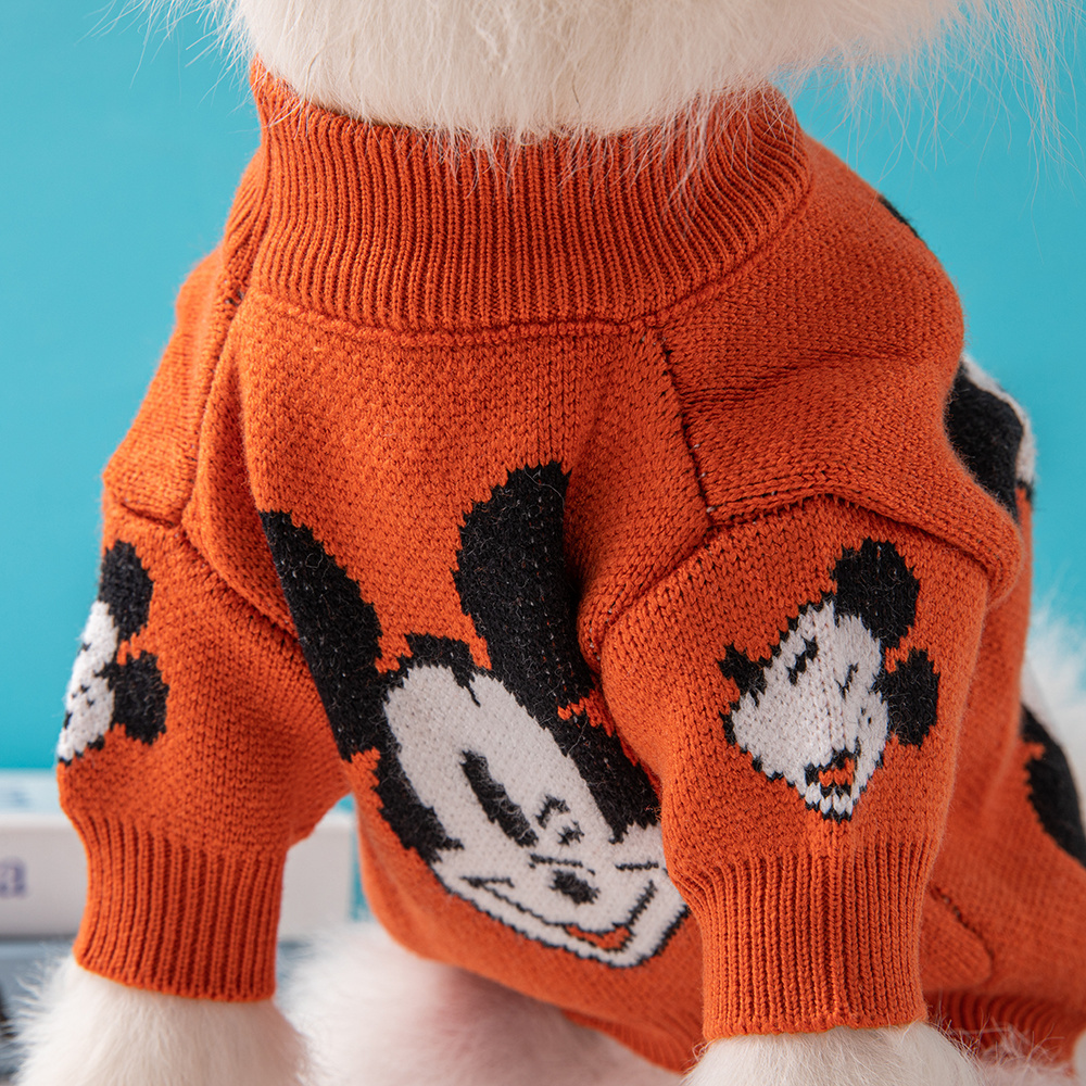 Playful Mickey Mouse DSNEY Pattern Knit Pet Sweaters in Vibrant Orange