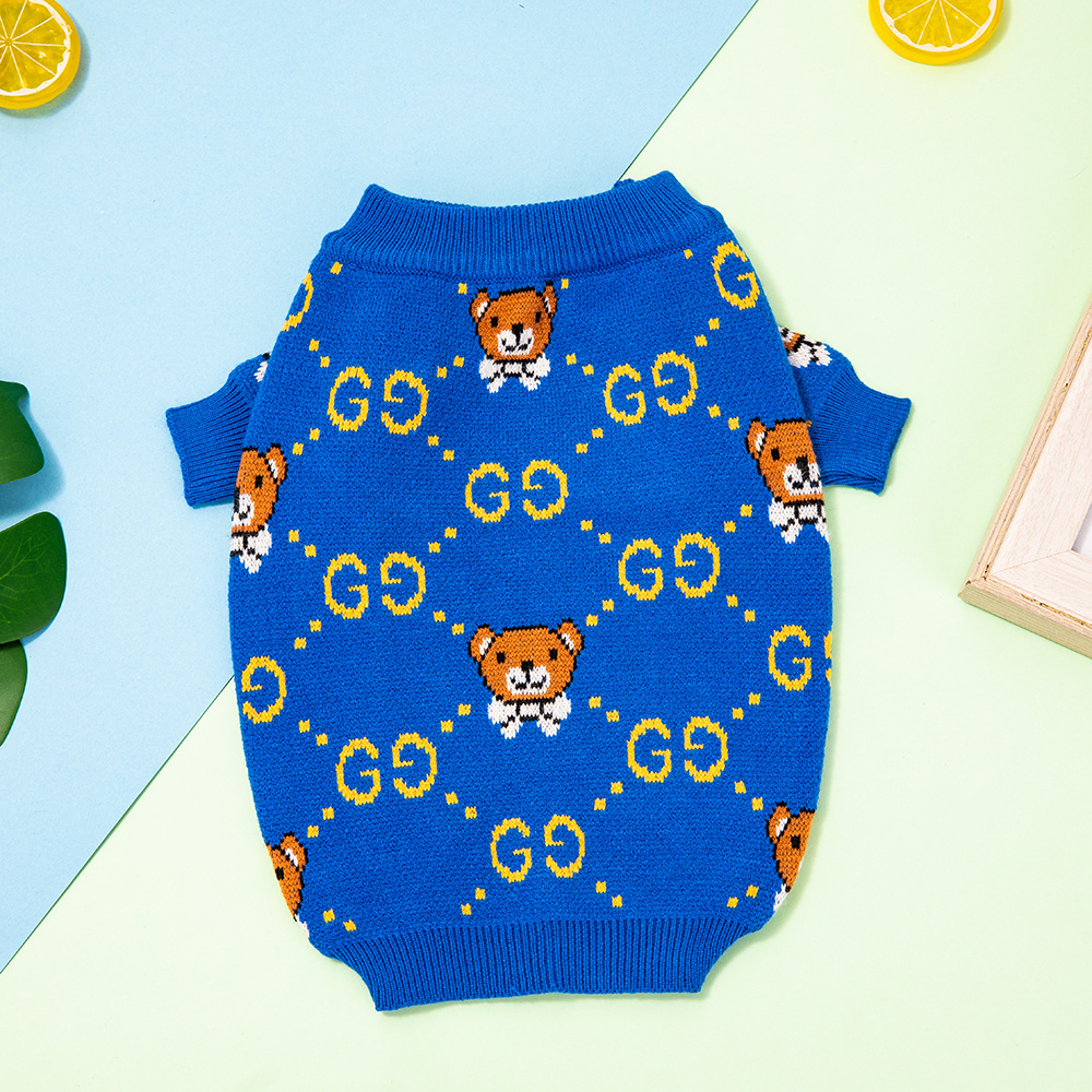 Playful Logo & Bear-Intarsia GG Knit Pet Sweater in Blue-Yellow