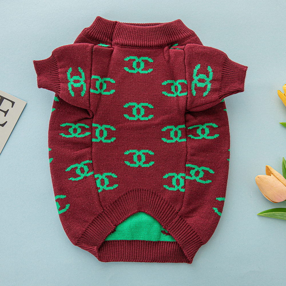 Chic Monogram-Embellished CC Knit Pet Pullovers in Maroon & Green