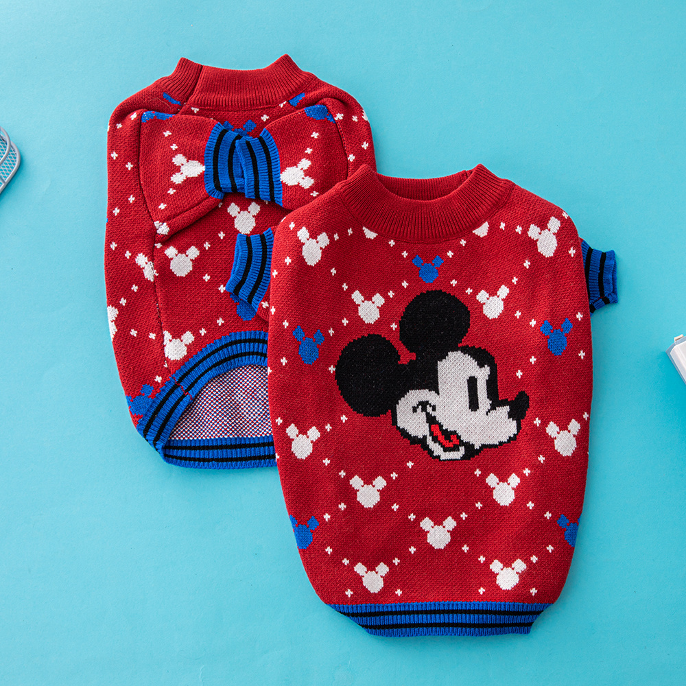 Cute Mickey Mouse Pattern Knit Pet Sweaters in Beige-Green and Red-Multi