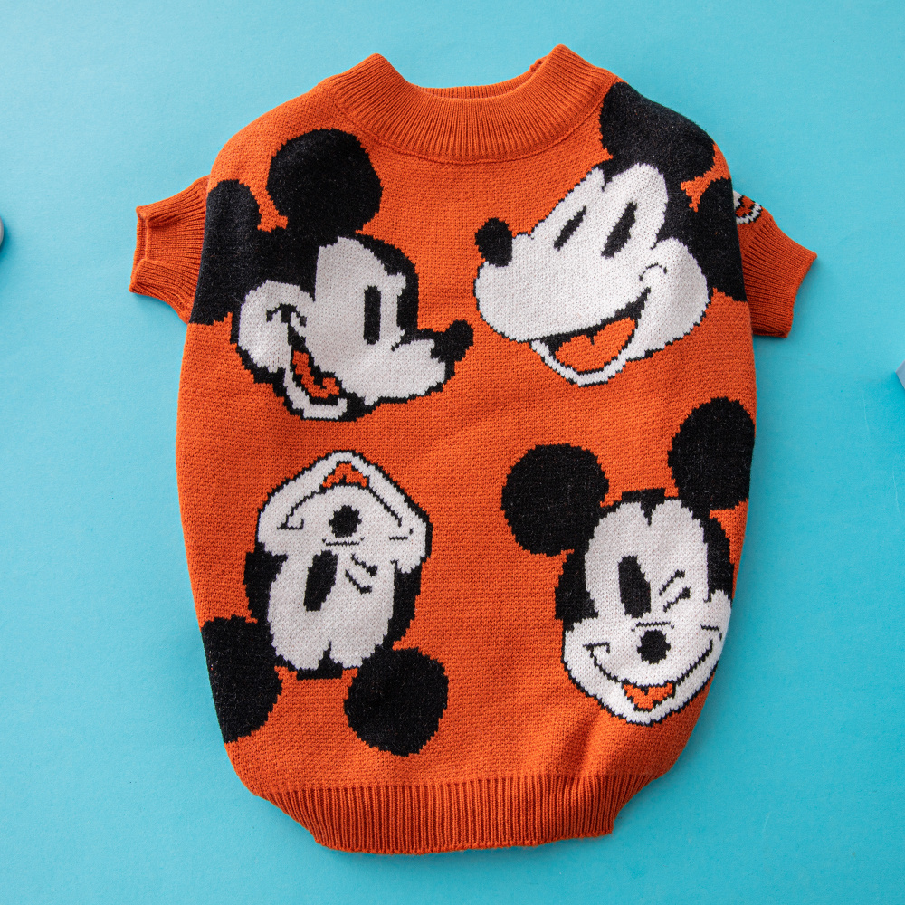 Playful Mickey Mouse DSNEY Pattern Knit Pet Sweaters in Vibrant Orange