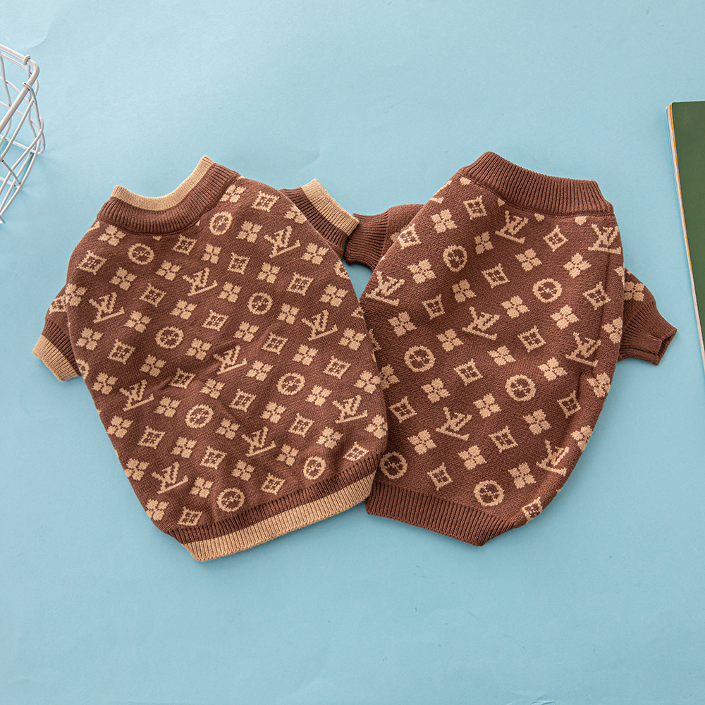 Elegant Monogram Pattern VV Knit Pet Sweaters with Distinct Trim Details in Brown-Beige Tones