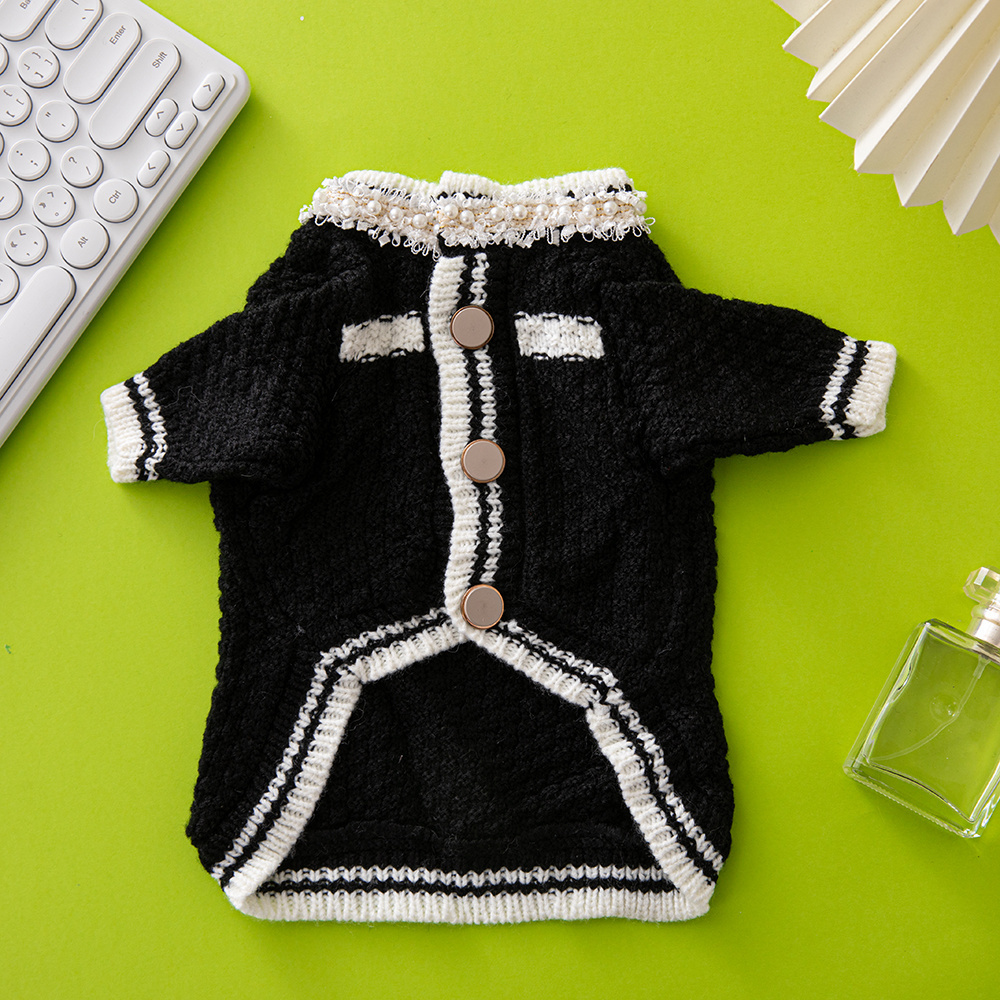 Chic Tweed-Style CCANEL Knit Pet Cardigans with Pearl & Contrast Trims