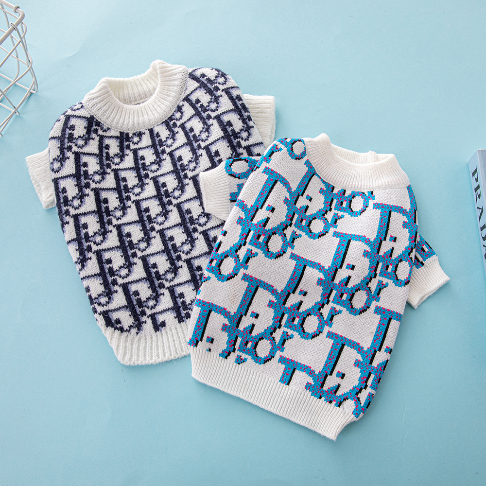 Elegant Monogram Pattern Ddor Pet Sweaters in White-Black and White-Blue