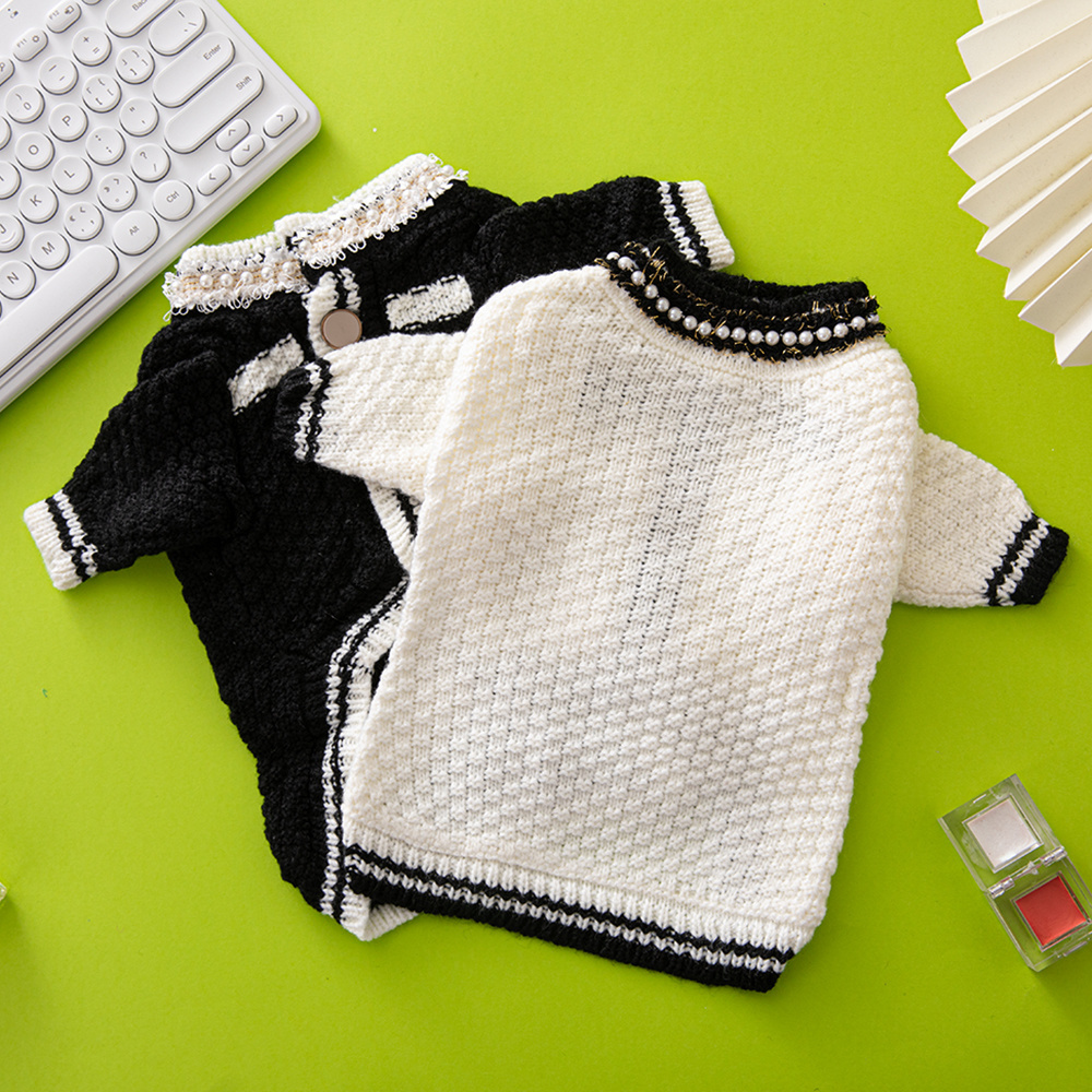 Chic Tweed-Style CCANEL Knit Pet Cardigans with Pearl & Contrast Trims