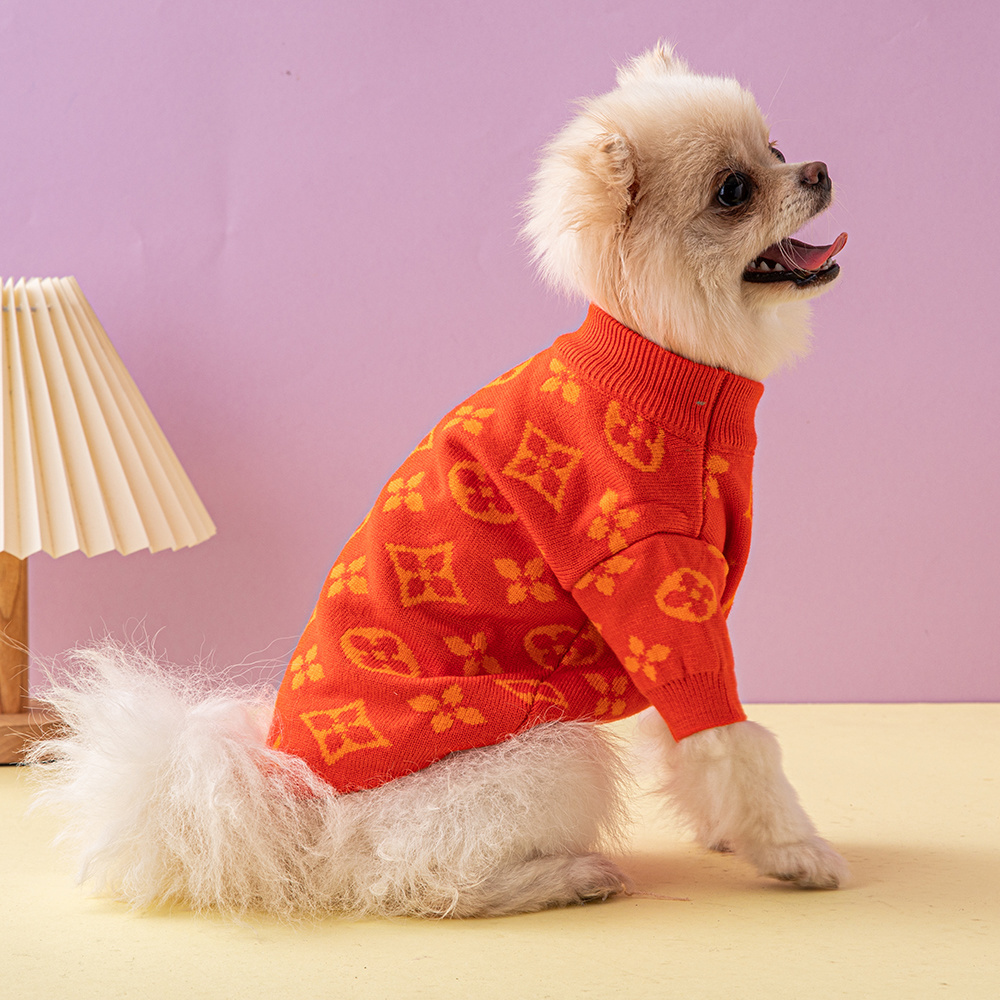 Vivid Patterned VV Knit Pet Sweaters in Gray-Lime and Orange-Orange