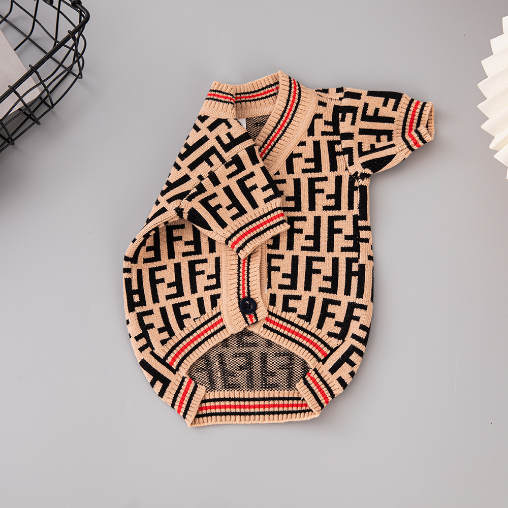 Luxury Monogram Pattern FFndi Knit Pet Sweaters in Brown-Black with Red Accents