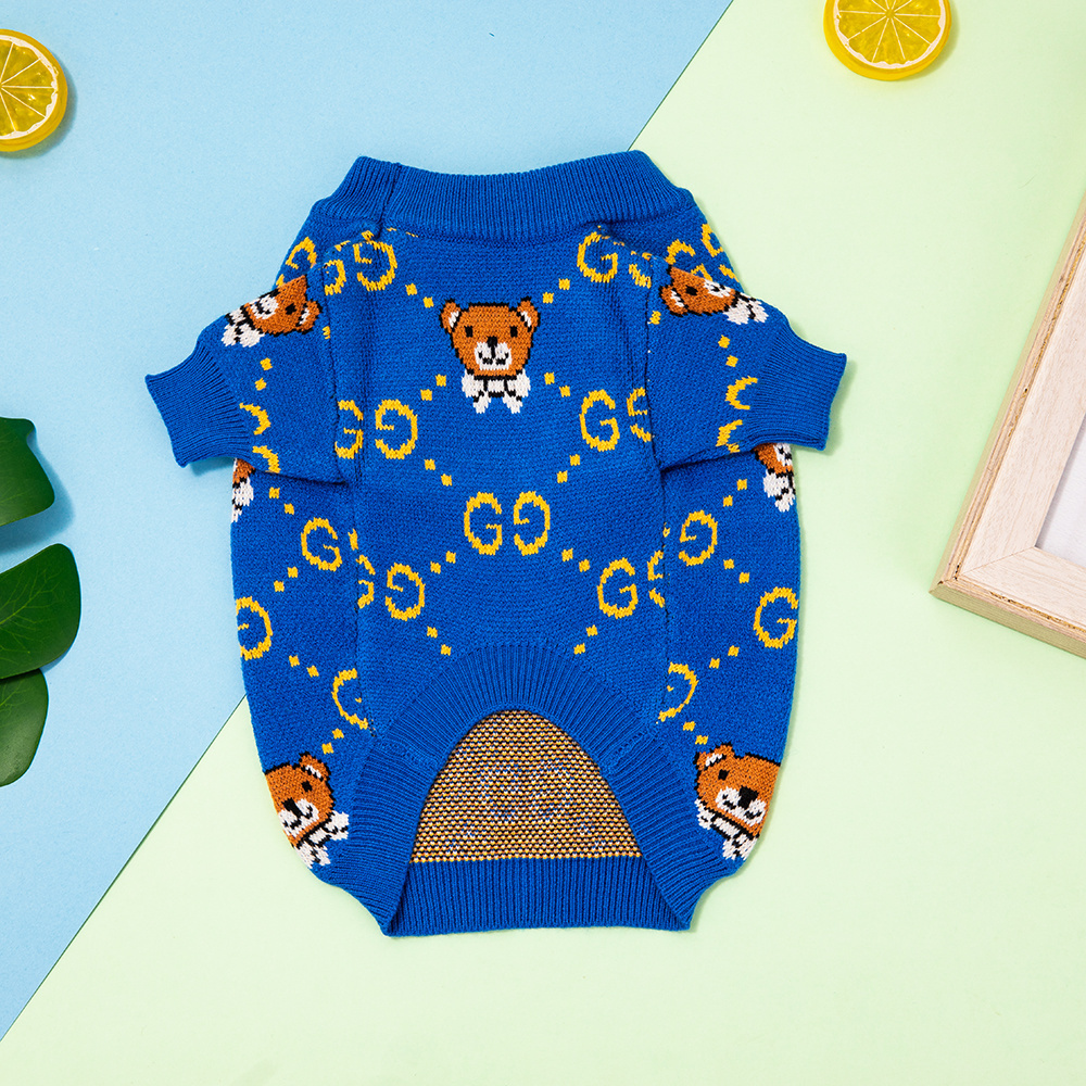 Playful Logo & Bear-Intarsia GG Knit Pet Sweater in Blue-Yellow