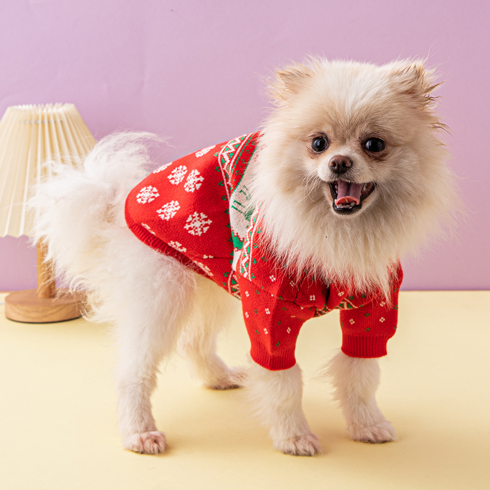 Festive Christmas-Themed Knit Pet Sweaters in Red with Holiday Motifs