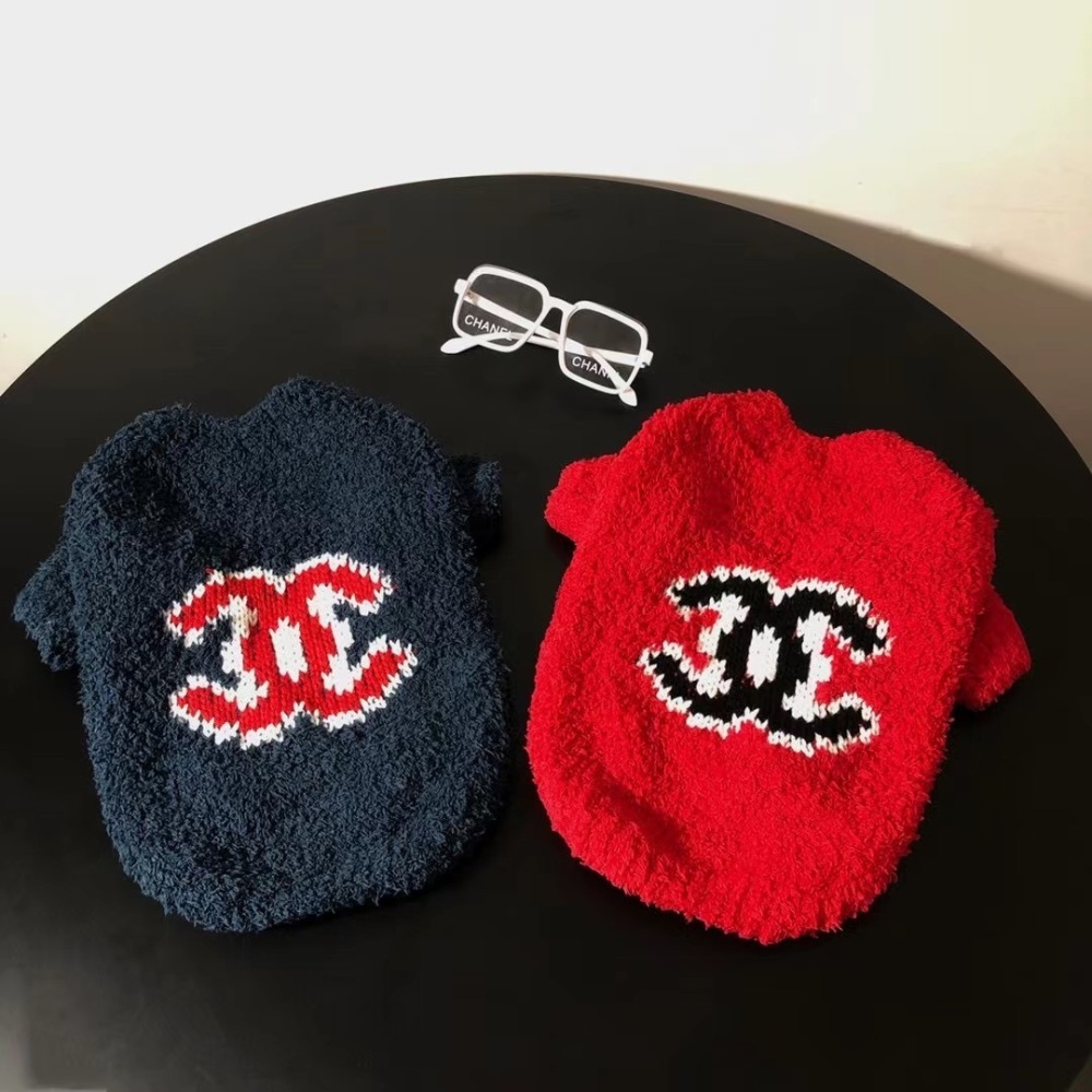 Plush Logo-Embroidered CCANEL Pet Sweaters in Pink-Red, Navy-Red, and Red-Black