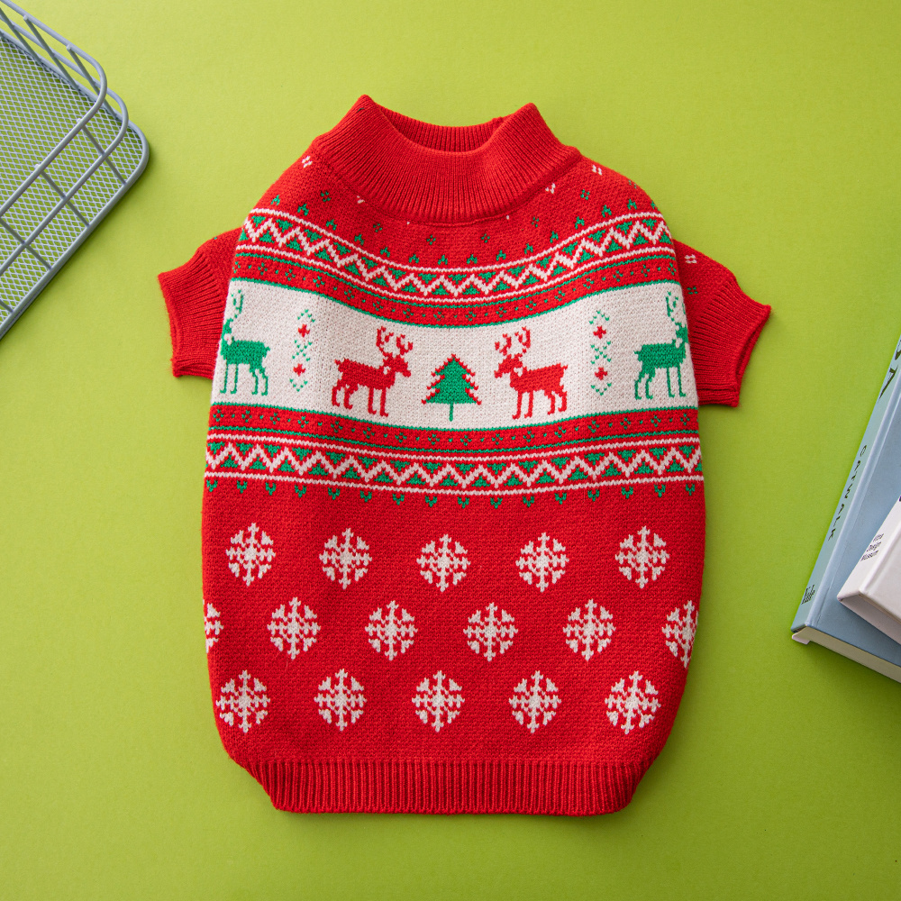 Festive Christmas-Themed Knit Pet Sweaters in Red with Holiday Motifs