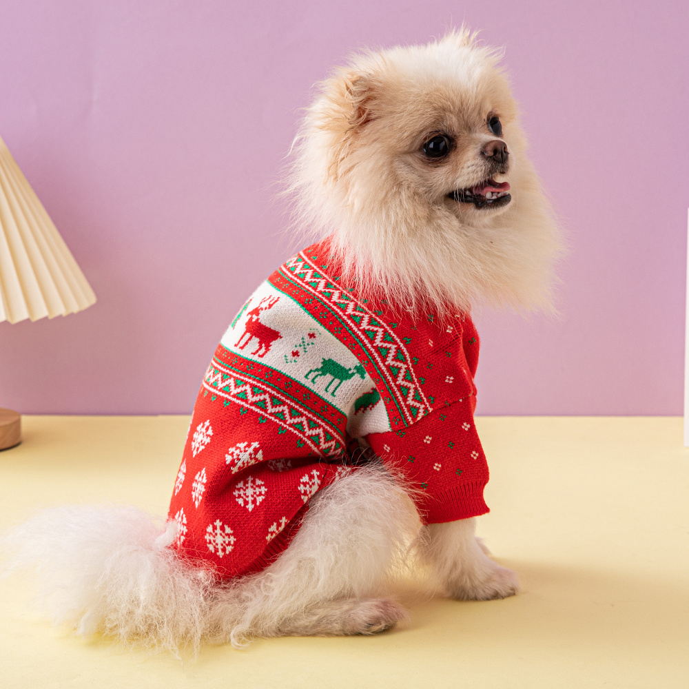 Festive Christmas-Themed Knit Pet Sweaters in Red with Holiday Motifs