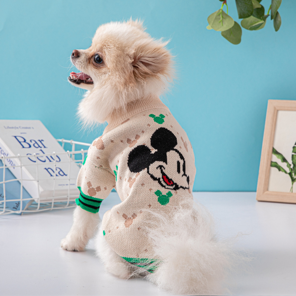 Cute Mickey Mouse Pattern Knit Pet Sweaters in Beige-Green and Red-Multi