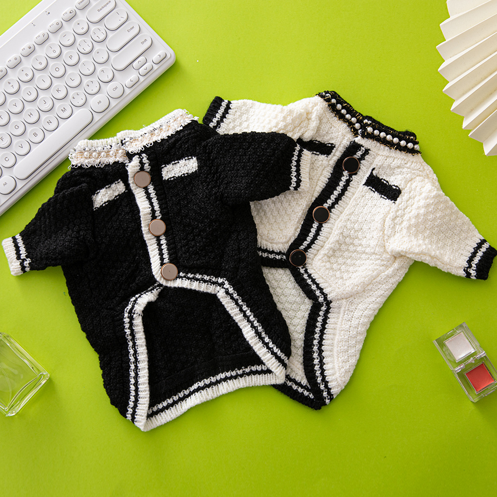 Chic Tweed-Style CCANEL Knit Pet Cardigans with Pearl & Contrast Trims