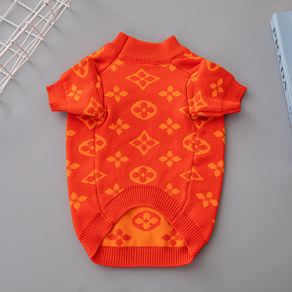 Vivid Patterned VV Knit Pet Sweaters in Gray-Lime and Orange-Orange