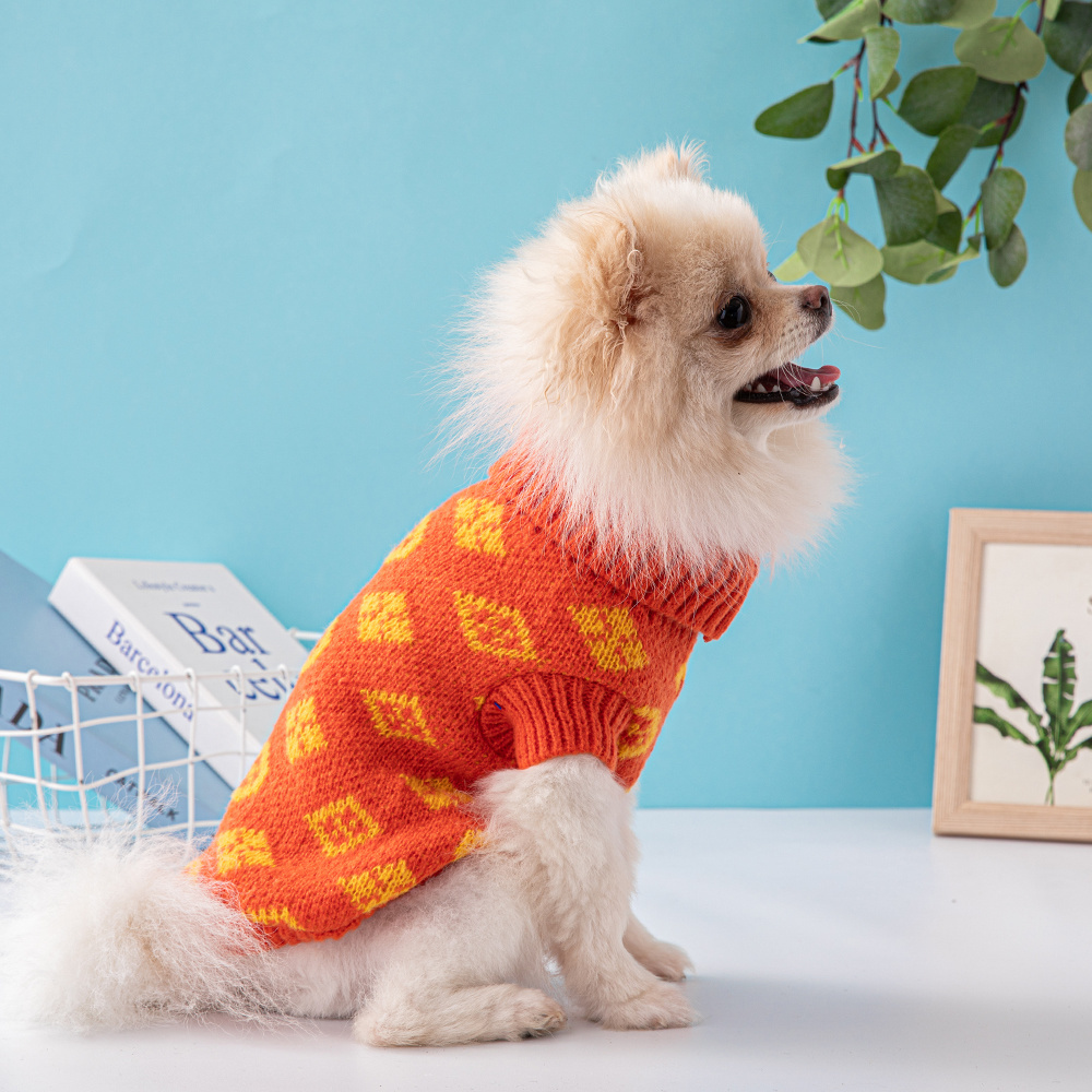 Vibrant Patterned VV Knit Pet Sweaters in Orange-Yellow and Gray-Lime