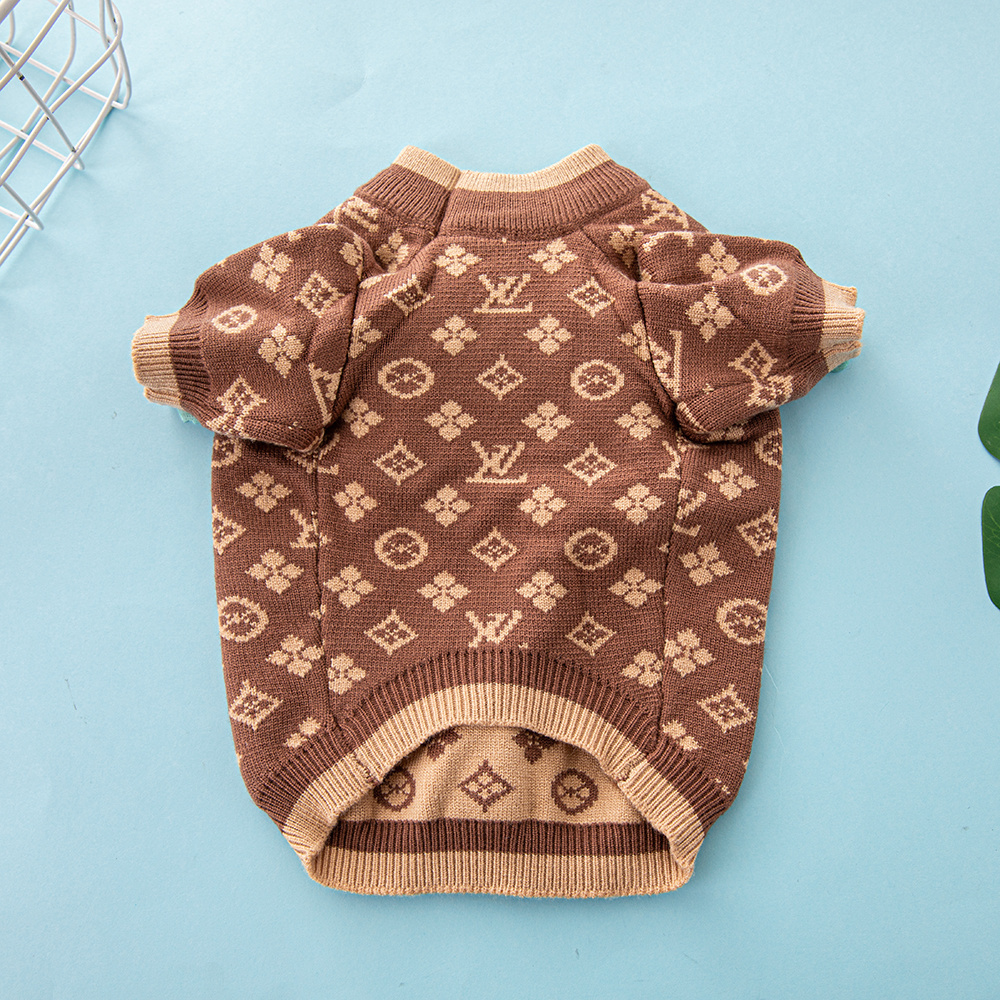 Elegant Monogram Pattern VV Knit Pet Sweaters with Distinct Trim Details in Brown-Beige Tones