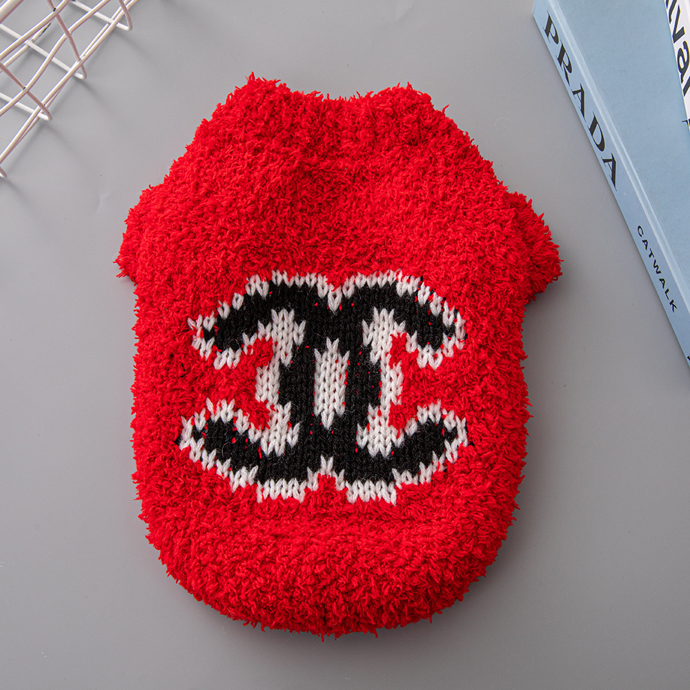 Plush Logo-Embroidered CCANEL Pet Sweaters in Pink-Red, Navy-Red, and Red-Black