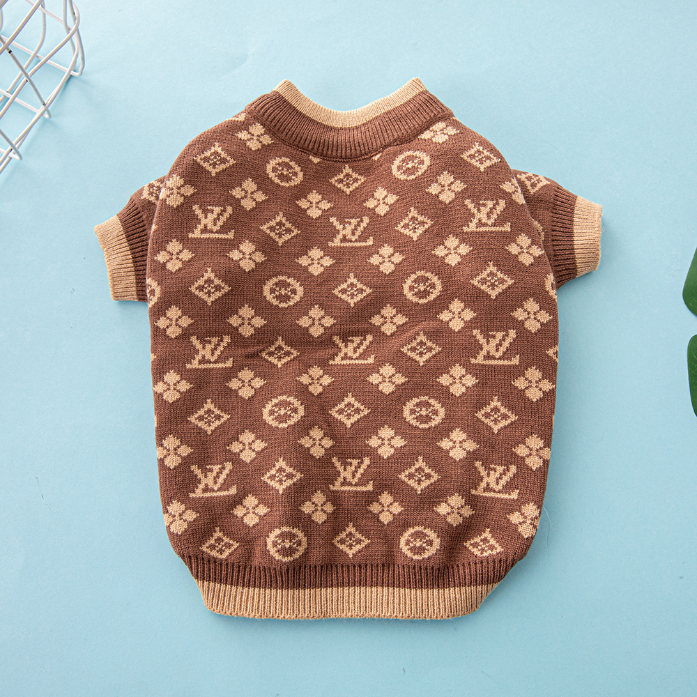 Elegant Monogram Pattern VV Knit Pet Sweaters with Distinct Trim Details in Brown-Beige Tones