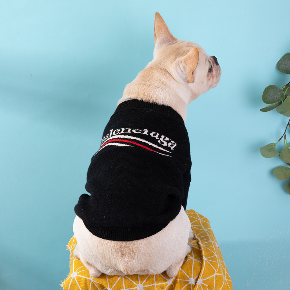 Street-Style Logo-Print and BBLENCIAGA Solid Knit Pet Sweaters in Black-White and Blue