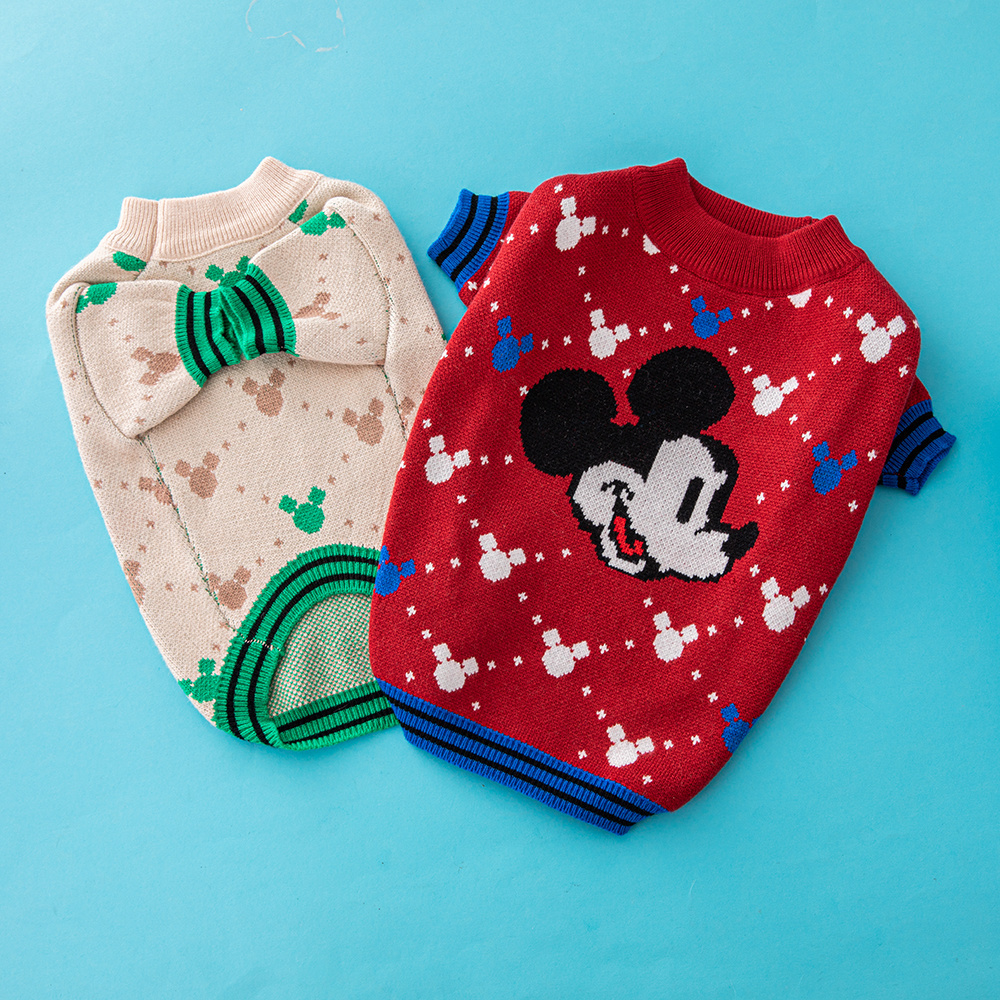 Cute Mickey Mouse Pattern Knit Pet Sweaters in Beige-Green and Red-Multi
