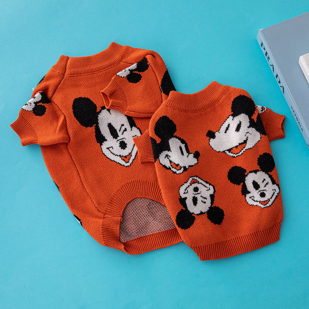 Playful Mickey Mouse DSNEY Pattern Knit Pet Sweaters in Vibrant Orange