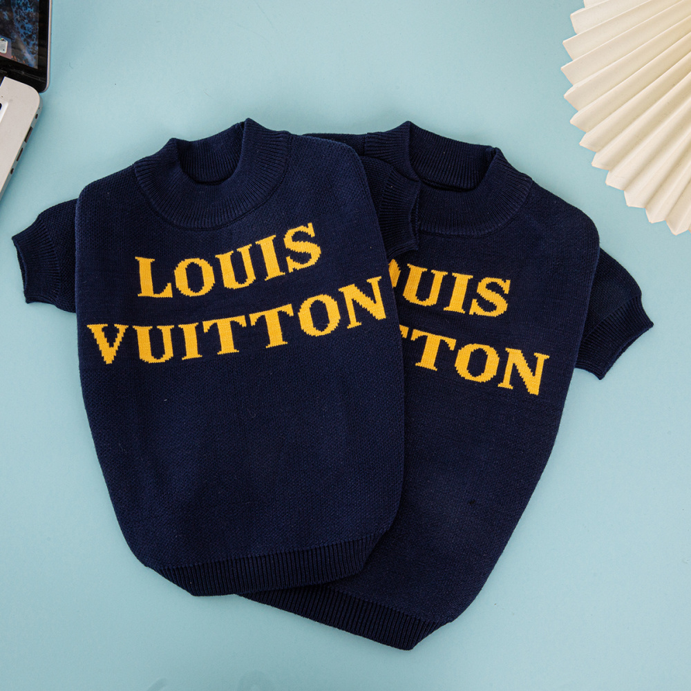 Fashionable Black Knit Pet Sweater with Bold Yellow VV Logo Print