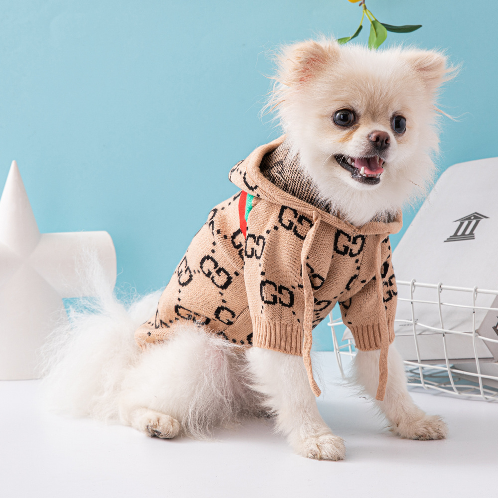 Luxury Monogram GGcci Hooded Knit Pet Sweaters in Black-White and Khaki-Black