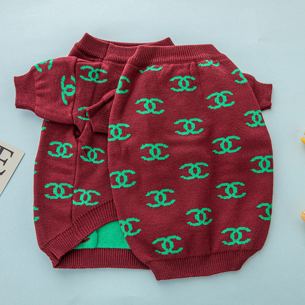 Chic Monogram-Embellished CC Knit Pet Pullovers in Maroon & Green