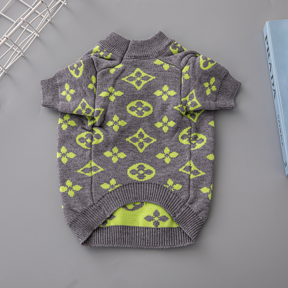 Vivid Patterned VV Knit Pet Sweaters in Gray-Lime and Orange-Orange