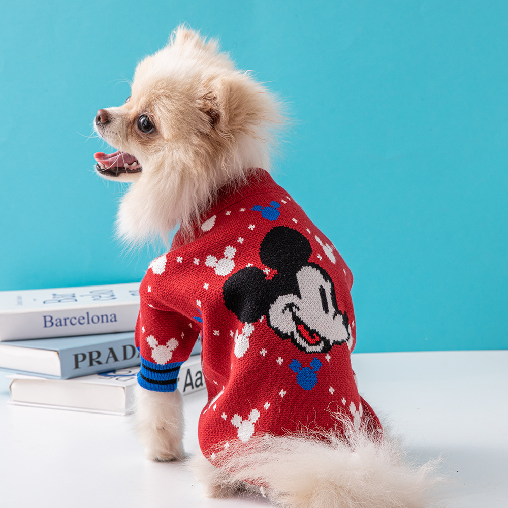 Cute Mickey Mouse Pattern Knit Pet Sweaters in Beige-Green and Red-Multi