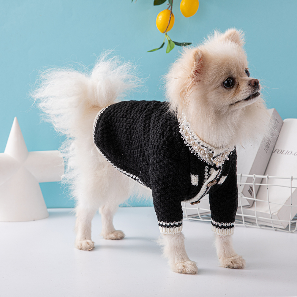 Chic Tweed-Style CCANEL Knit Pet Cardigans with Pearl & Contrast Trims