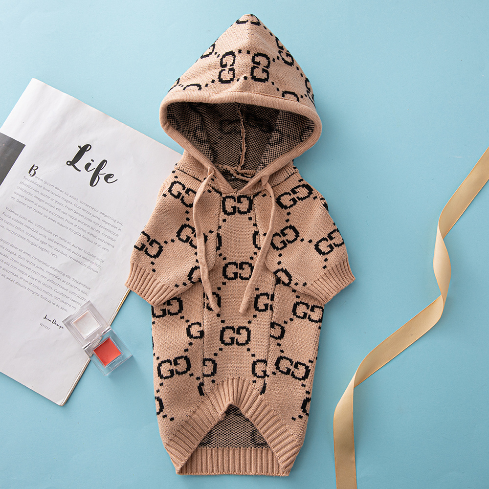 Luxury Monogram GGcci Hooded Knit Pet Sweaters in Black-White and Khaki-Black