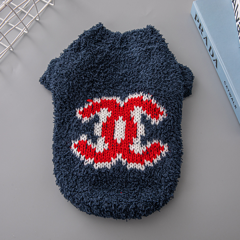 Plush Logo-Embroidered CCANEL Pet Sweaters in Pink-Red, Navy-Red, and Red-Black