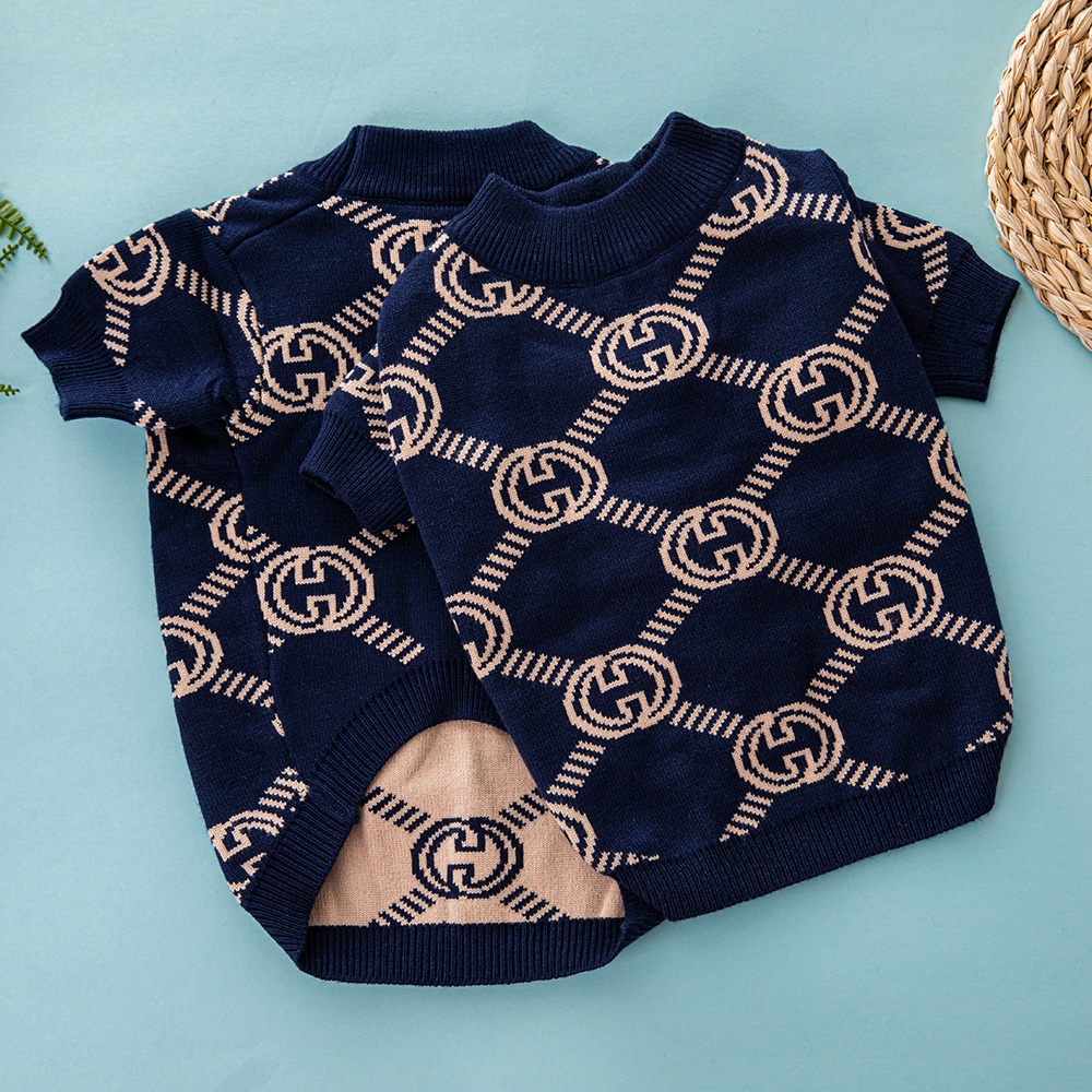 Luxury Monogram GG Pattern Knit Pet Sweaters in Navy & Beige