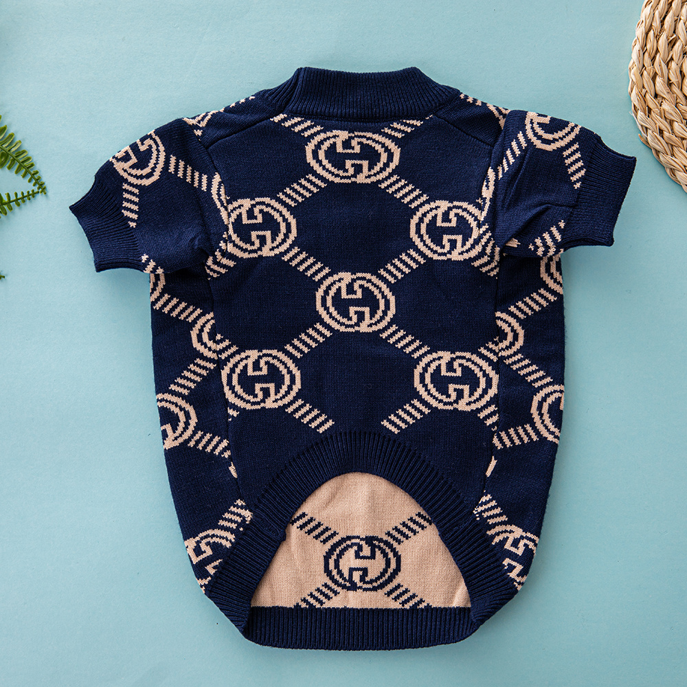 Luxury Monogram GG Pattern Knit Pet Sweaters in Navy & Beige