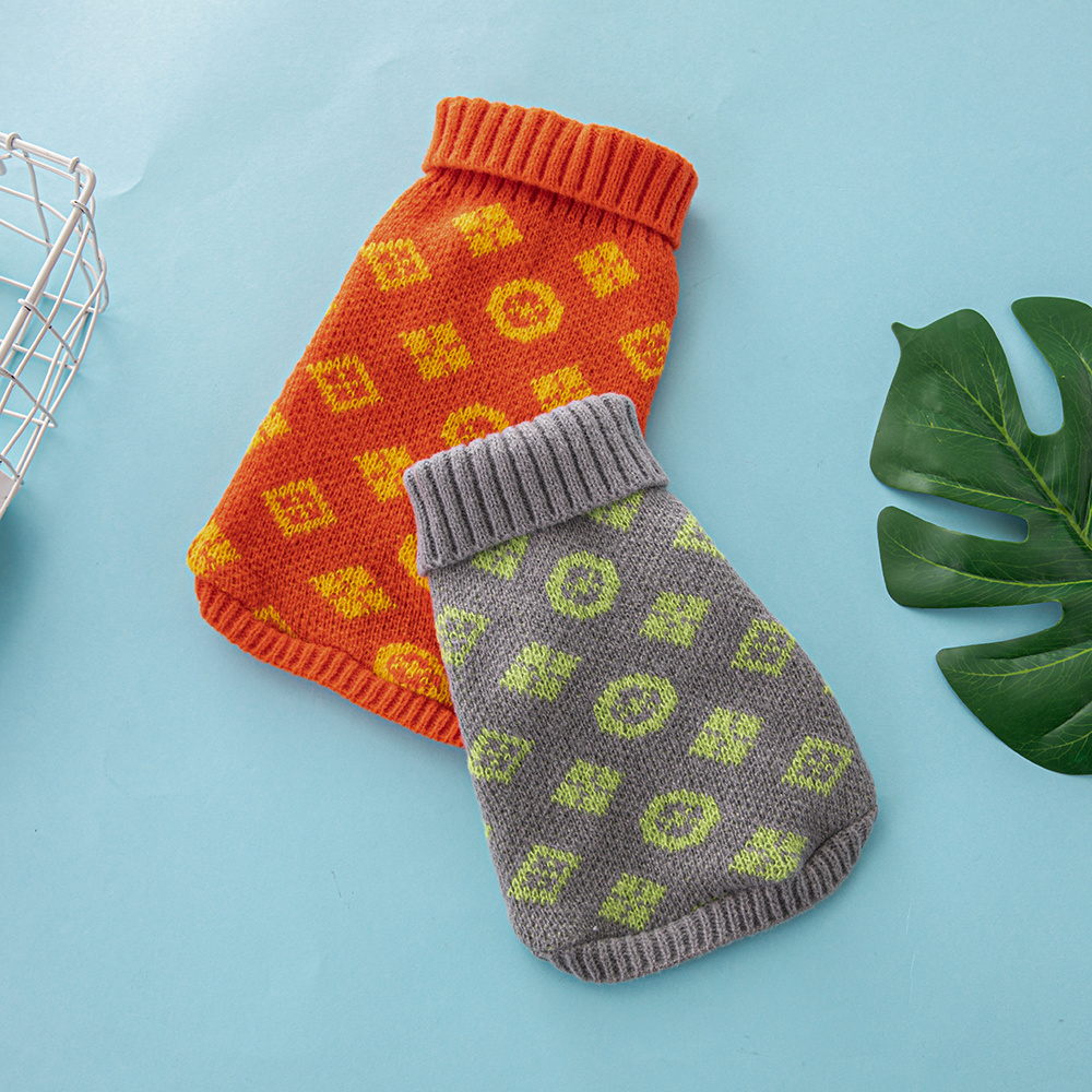 Vibrant Patterned VV Knit Pet Sweaters in Orange-Yellow and Gray-Lime