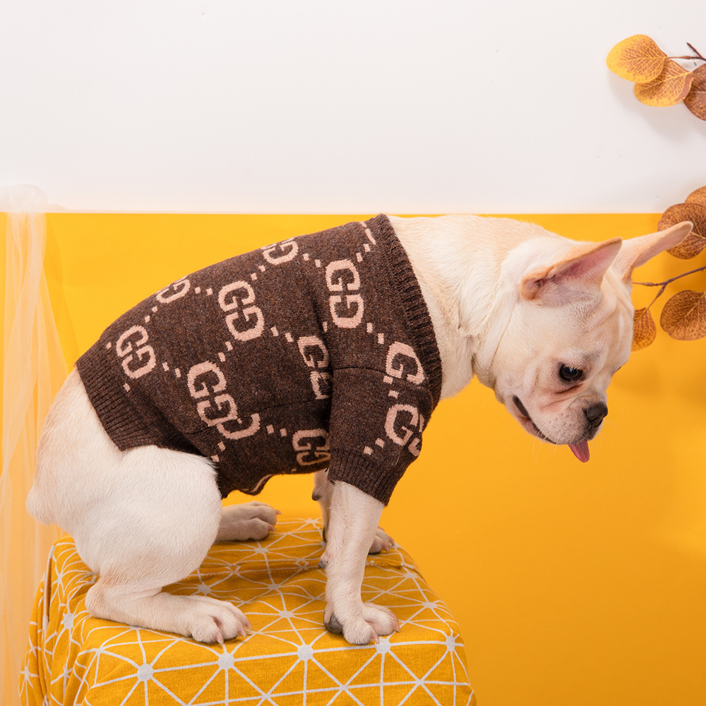 Refined Embroidered Initial GG Pet Sweater Cardigan in Warm Taupe Tones