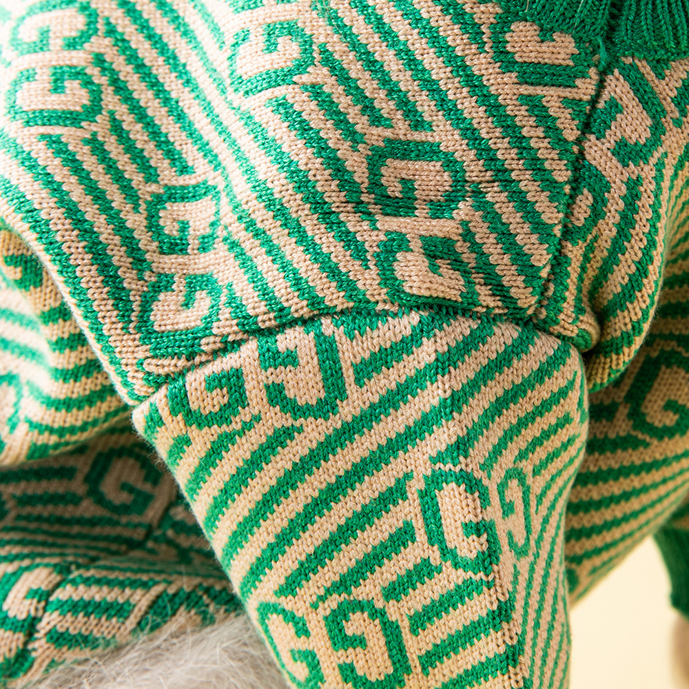 Sophisticated Monogram Pattern GGcci Knit Pet Sweater in Beige-Green