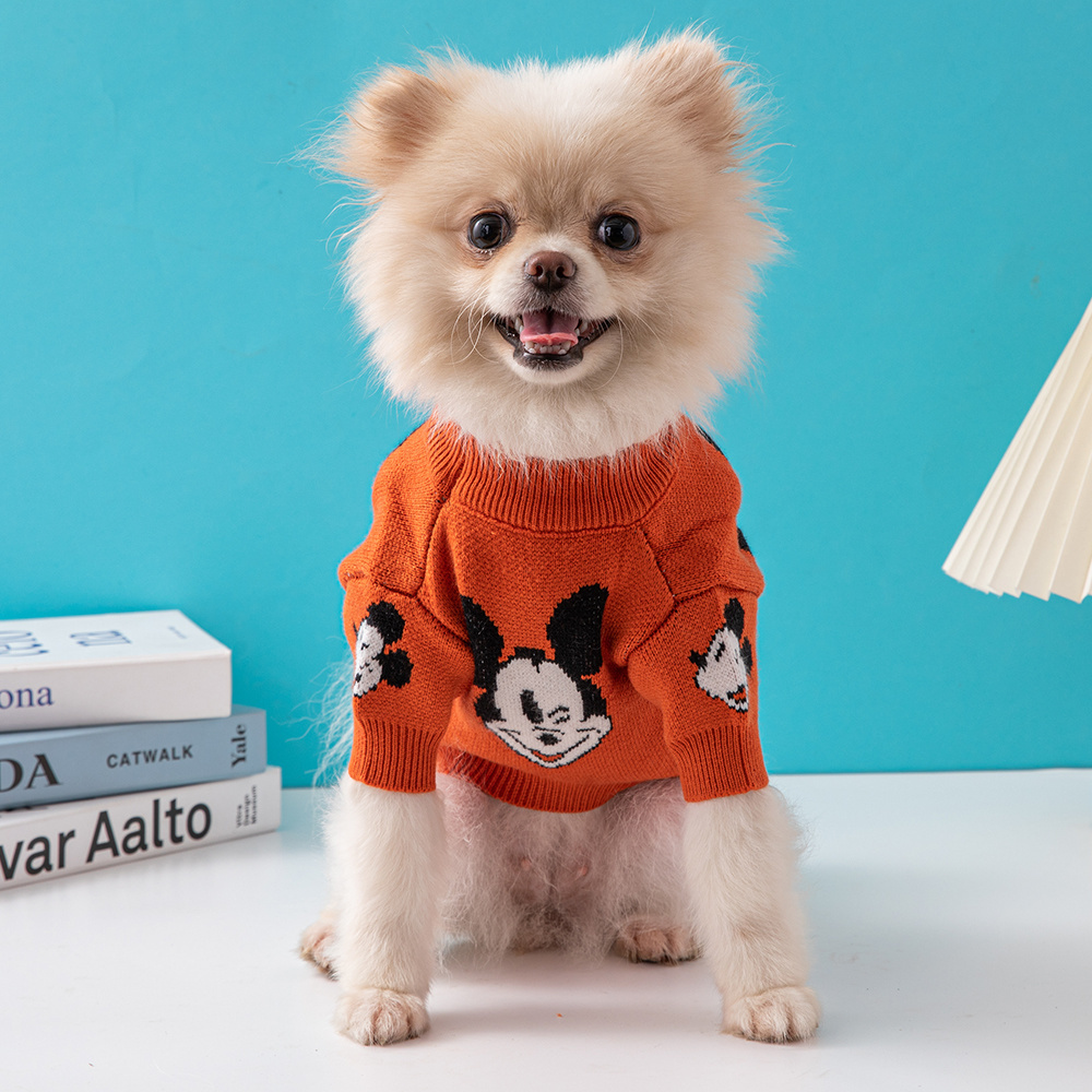 Playful Mickey Mouse DSNEY Pattern Knit Pet Sweaters in Vibrant Orange