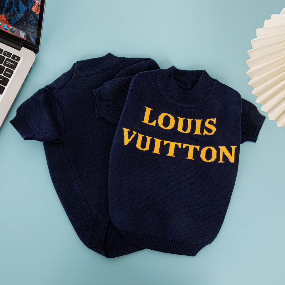 Fashionable Black Knit Pet Sweater with Bold Yellow VV Logo Print