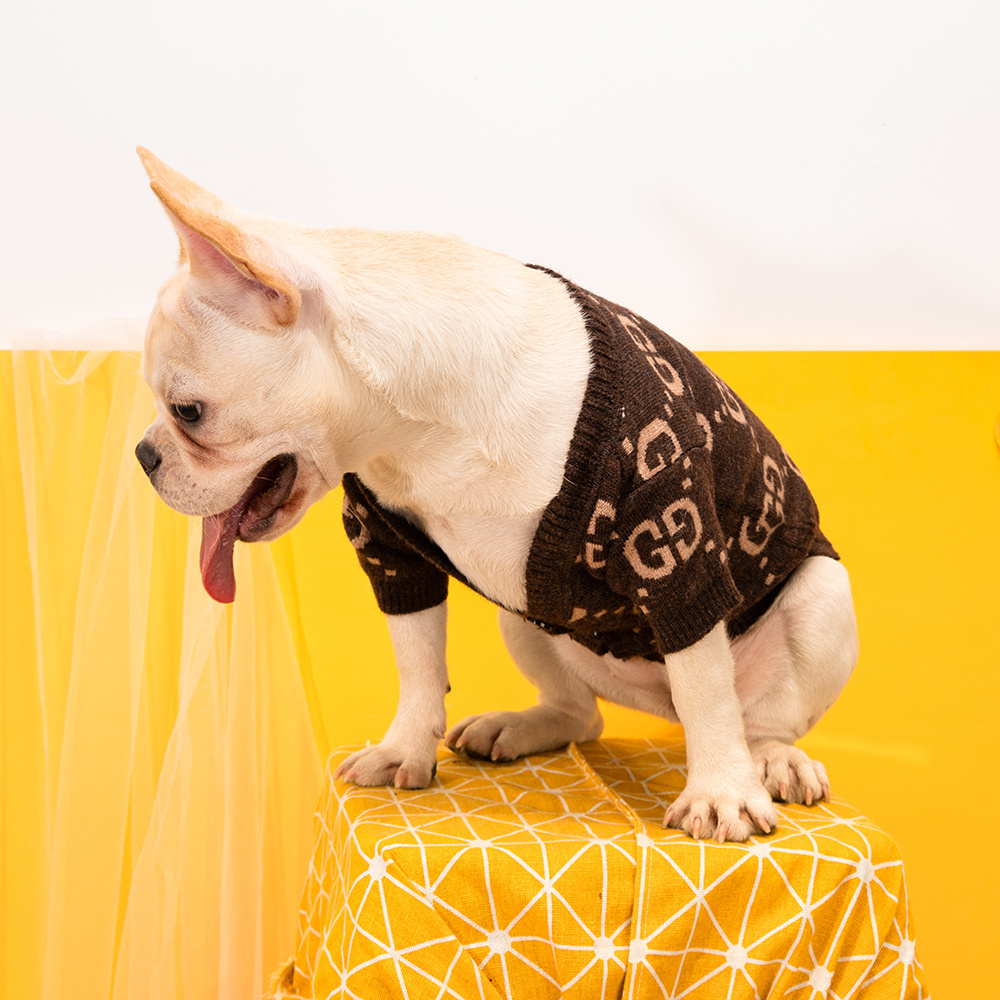 Refined Embroidered Initial GG Pet Sweater Cardigan in Warm Taupe Tones