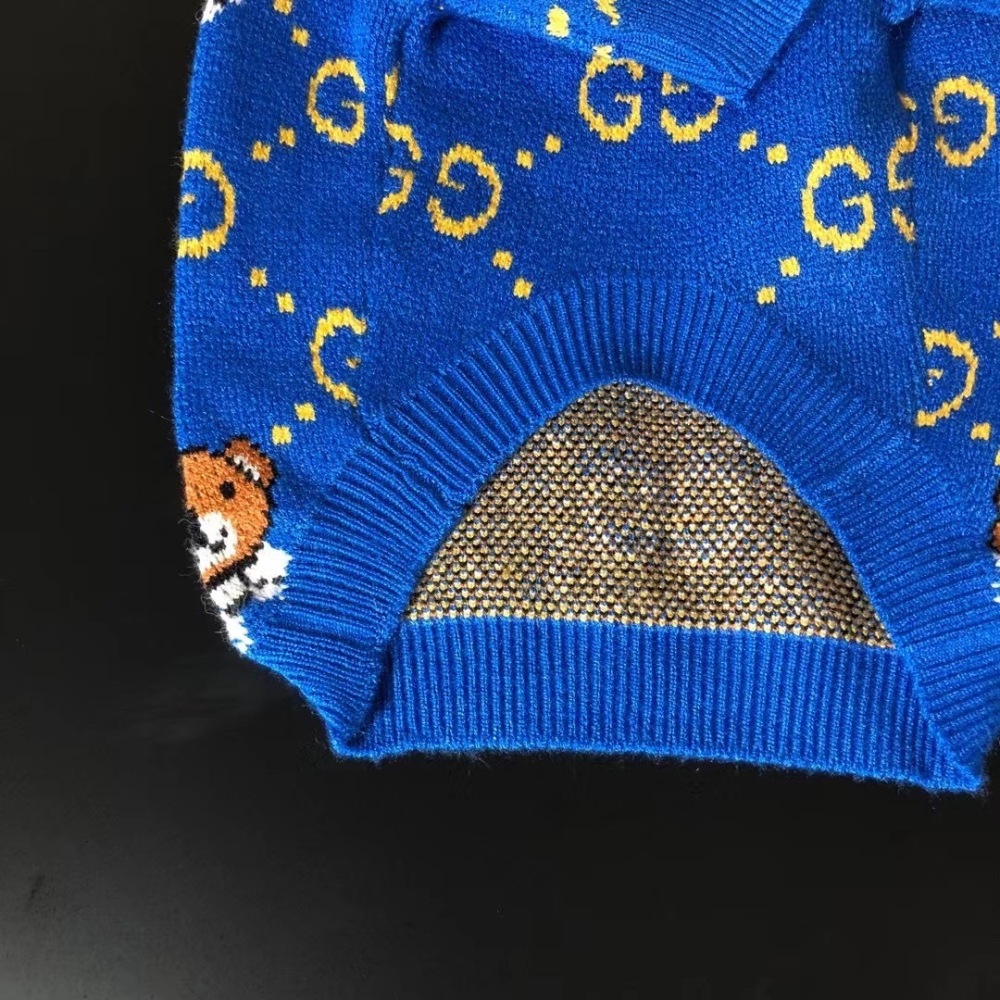 Playful Logo & Bear-Intarsia GG Knit Pet Sweater in Blue-Yellow
