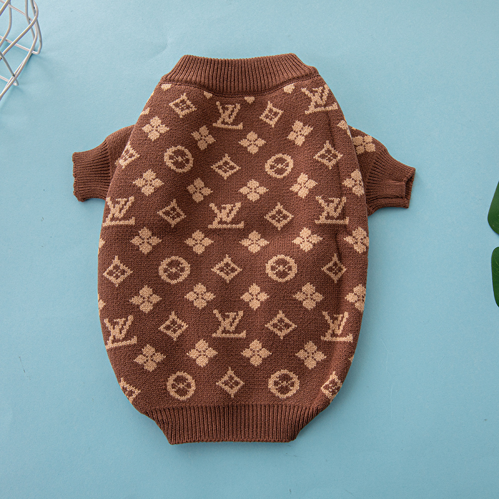 Elegant Monogram Pattern VV Knit Pet Sweaters with Distinct Trim Details in Brown-Beige Tones
