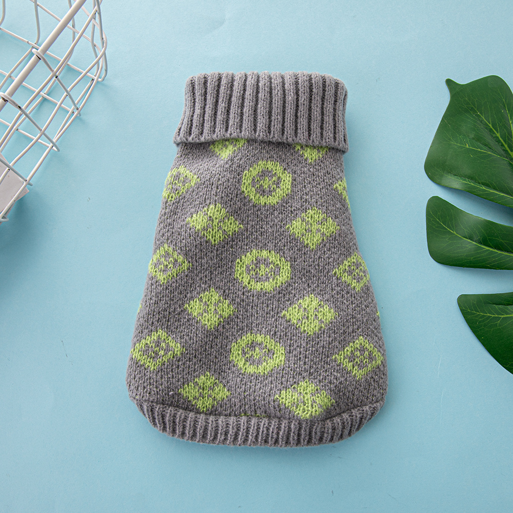 Vibrant Patterned VV Knit Pet Sweaters in Orange-Yellow and Gray-Lime