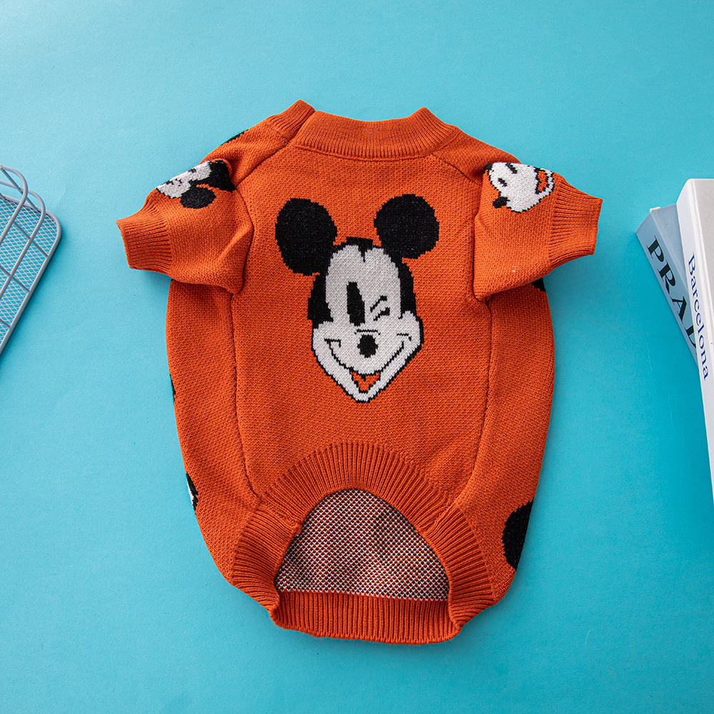 Playful Mickey Mouse DSNEY Pattern Knit Pet Sweaters in Vibrant Orange