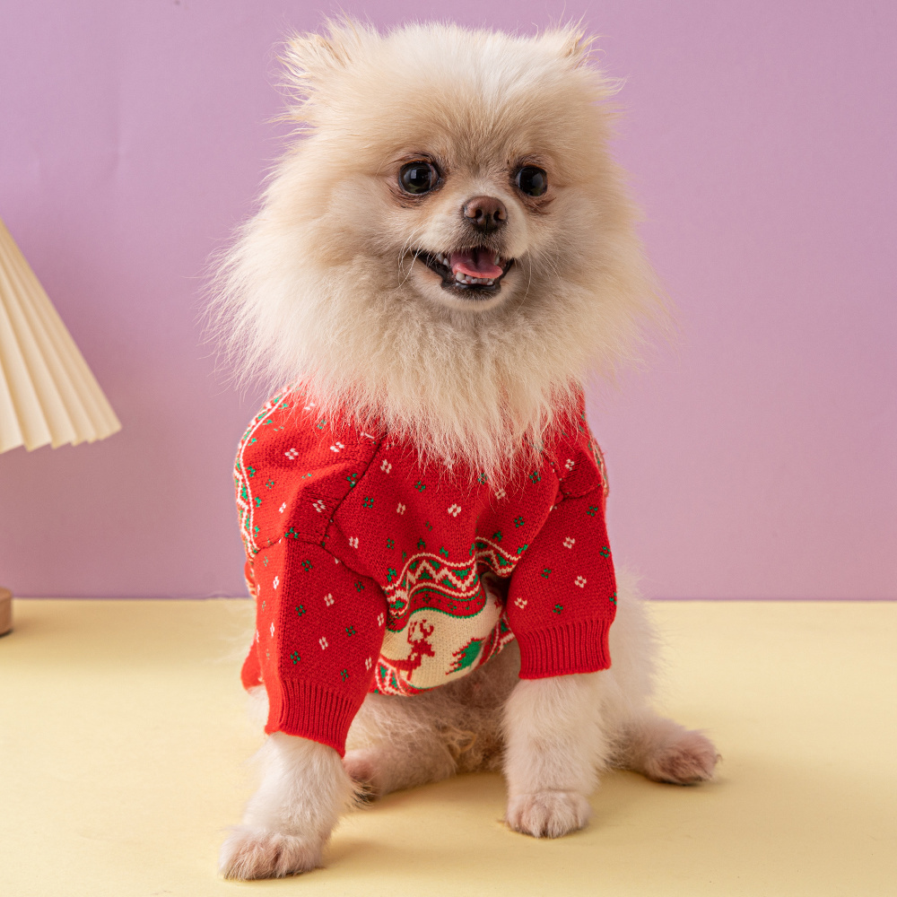 Festive Christmas-Themed Knit Pet Sweaters in Red with Holiday Motifs