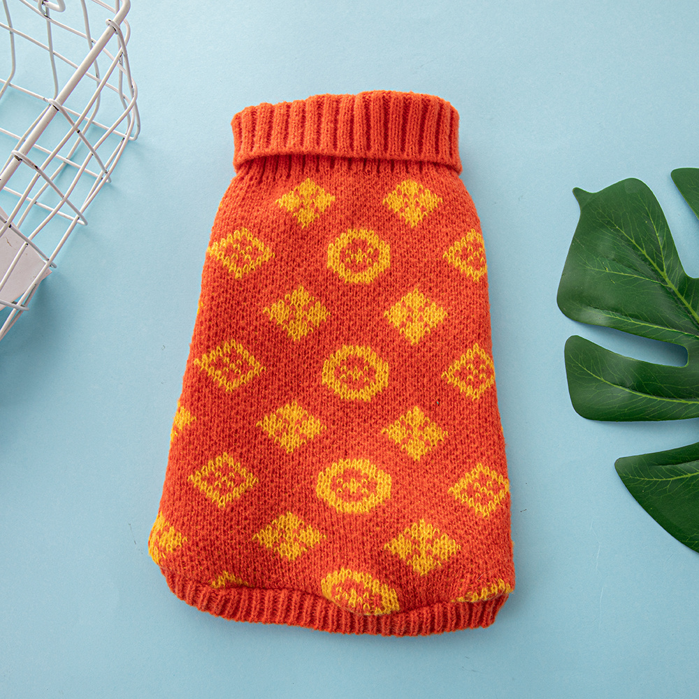 Vibrant Patterned VV Knit Pet Sweaters in Orange-Yellow and Gray-Lime